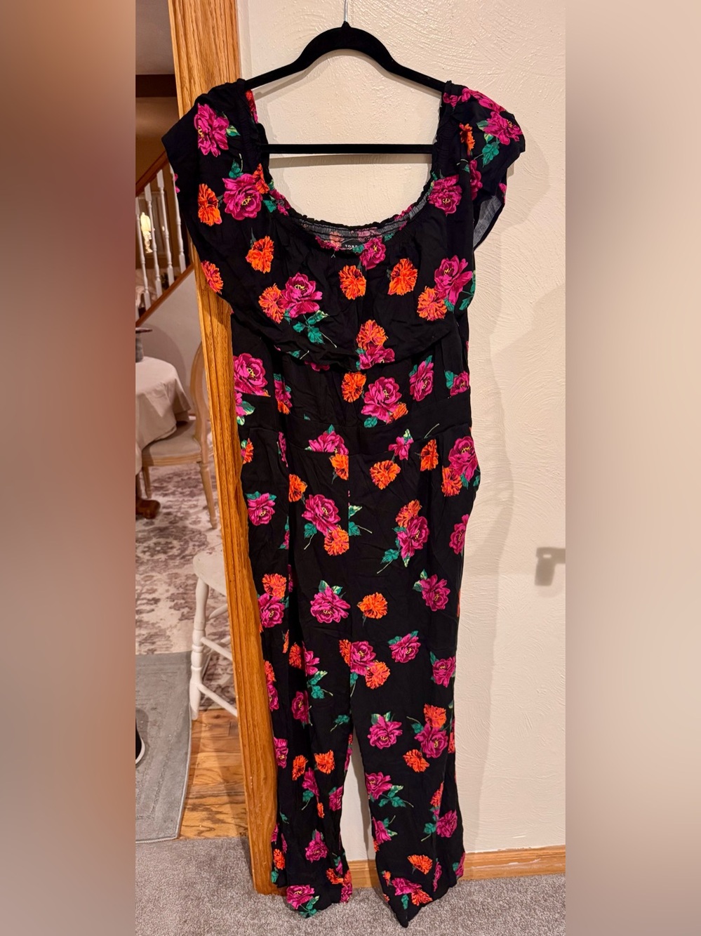 torrid Black Floral Jumpsuit with Pink & Orange Roses